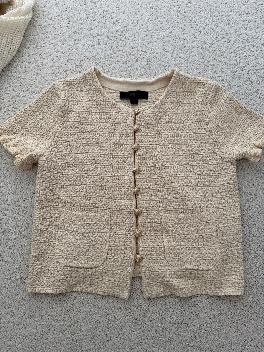 Zara Cream Textured Short-Sleeve Button Front Cardigan